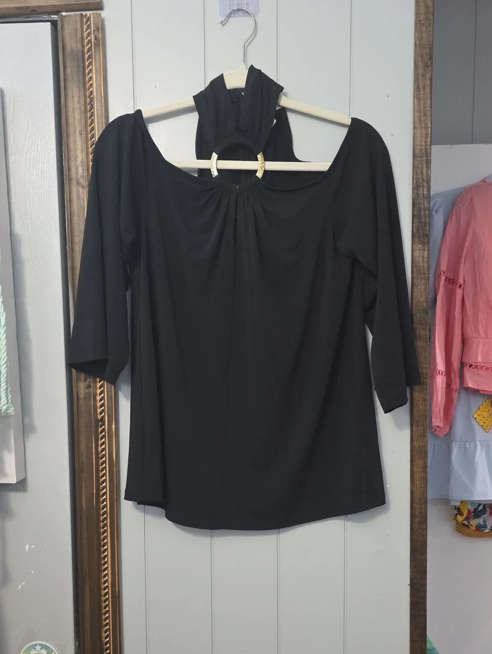Michael Kors Black Cold-Shoulder Tunic with Gold Ring Accent